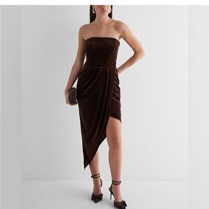 Express Dark Brown Asymmetrical Strapless Dress